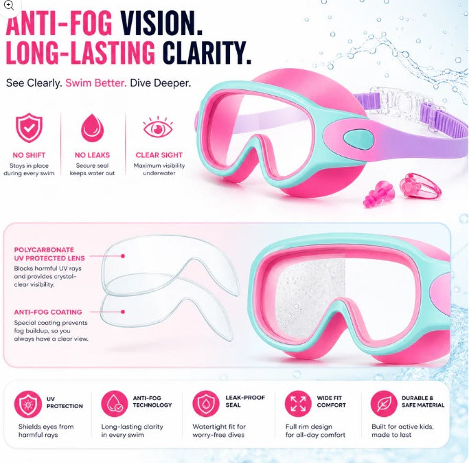 AntiFog UV Protected Leak Proof Swimming Goggles with Attached Clips and Earbuds