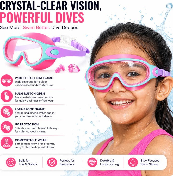 AntiFog UV Protected Leak Proof Swimming Goggles with Attached Clips and Earbuds