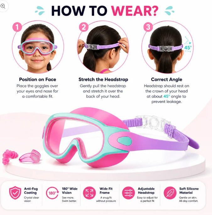 AntiFog UV Protected Leak Proof Swimming Goggles with Attached Clips and Earbuds