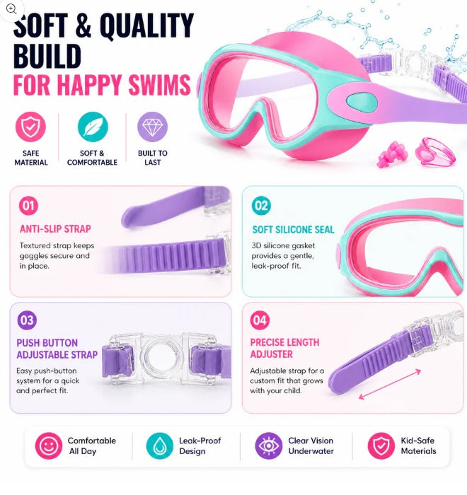 AntiFog UV Protected Leak Proof Swimming Goggles with Attached Clips and Earbuds